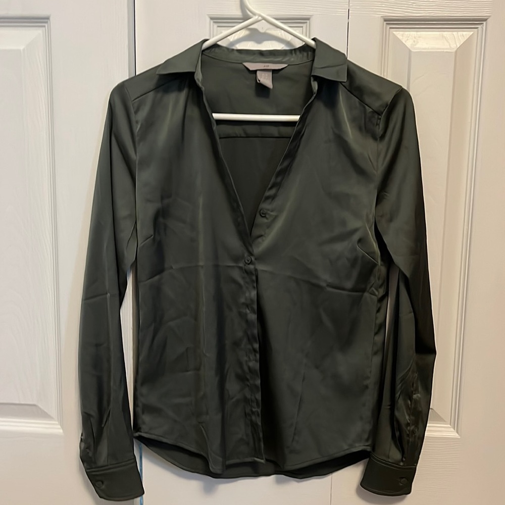 Olive Green Satin Button Up